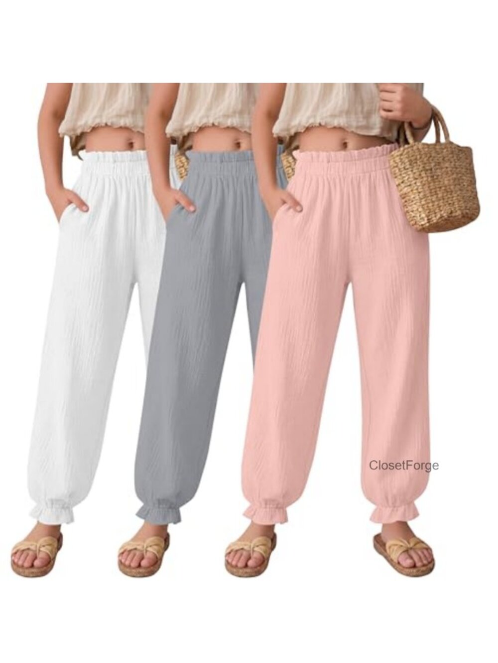 Girls Cotton Linen Harem Pants 3 Pack Ruffled Waist Cuffs Summer